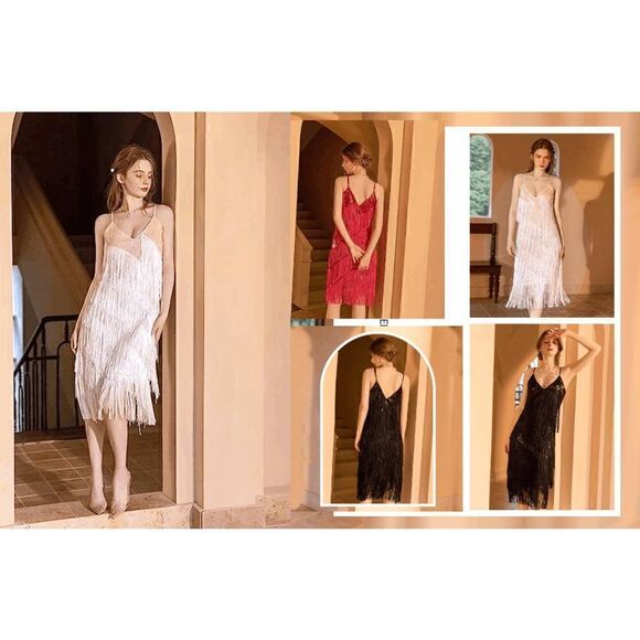 Sexy Sequin Tassel Slip 1920s Flapper Great Gatsby White Party Dress NEW - Picture 6 of 10